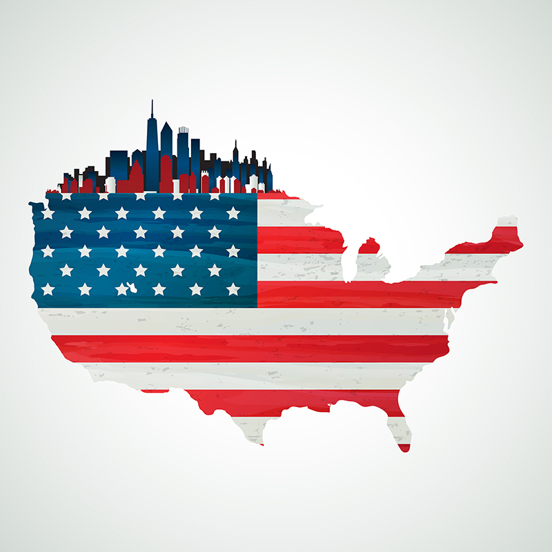 Silhouette of USA filled with American Flag graphic. Top left has black, red and blue buildings creating a skyline